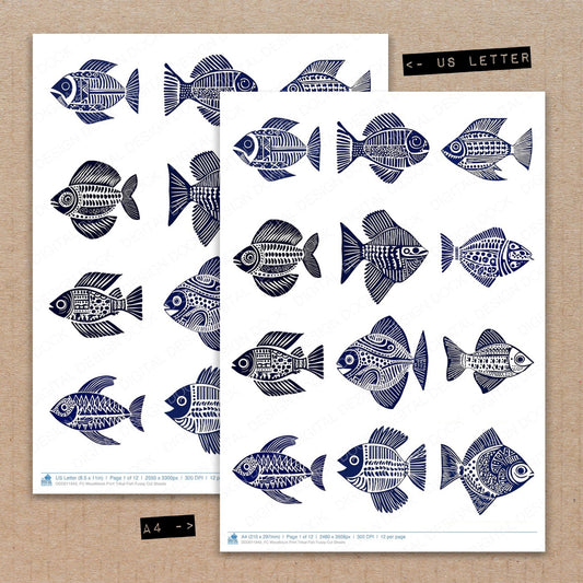 A4 and US Letter format comparison showing Woodblock Print Tribal Fish fussy cut pages for print and cut crafting