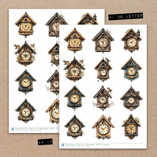 A4 and US Letter format comparison showing Wooden Cuckoo Clock fussy cut pages for print and cut crafting