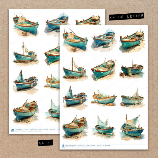 A4 and US Letter format comparison showing Wooden Fishing Boat fussy cut pages for print and cut crafting