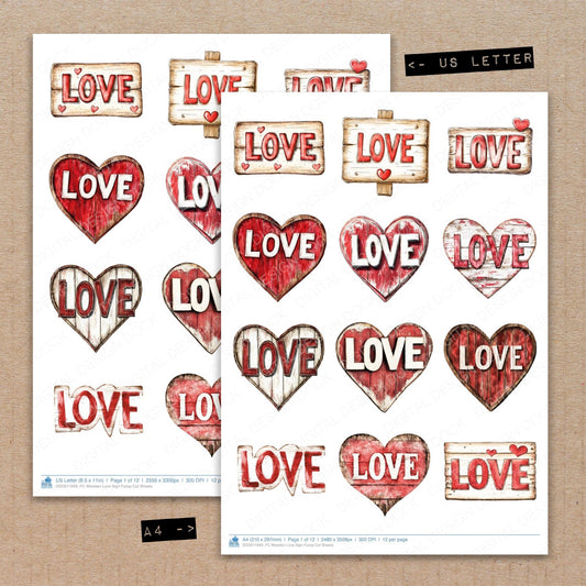 A4 and US Letter format comparison showing Wooden Love Sign fussy cut pages for print and cut crafting