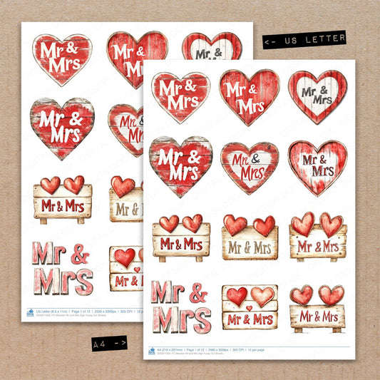 A4 and US Letter format comparison showing Wooden Mr and Mrs Sign fussy cut pages for print and cut crafting