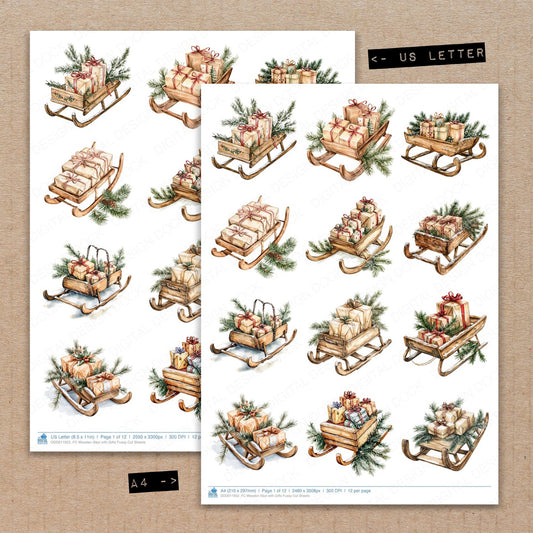 A4 and US Letter format comparison showing Wooden Sled with Gifts fussy cut pages for print and cut crafting