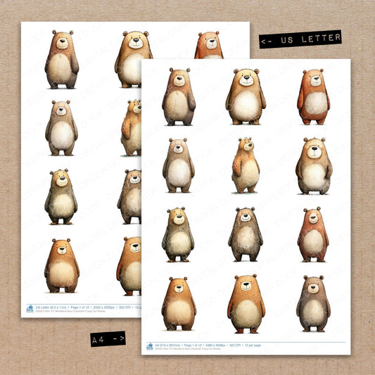 A4 and US Letter format comparison showing Woodland Bear Character fussy cut pages for print and cut crafting