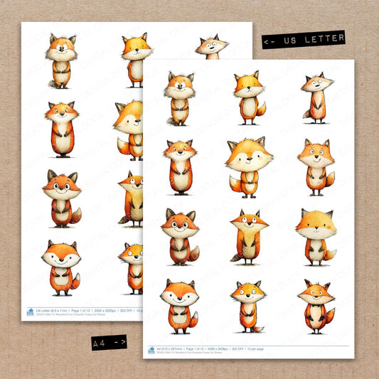 A4 and US Letter format comparison showing Woodland Fox Character fussy cut pages for print and cut crafting