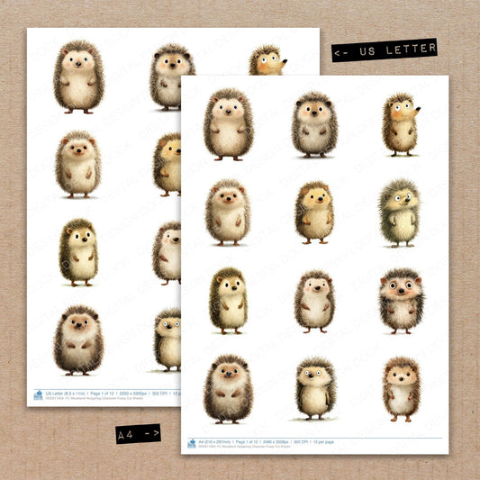 A4 and US Letter format comparison showing Woodland Hedgehog Character fussy cut pages for print and cut crafting