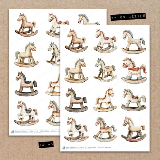 A4 and US Letter format comparison showing Worn Rocking Horse fussy cut pages for print and cut crafting