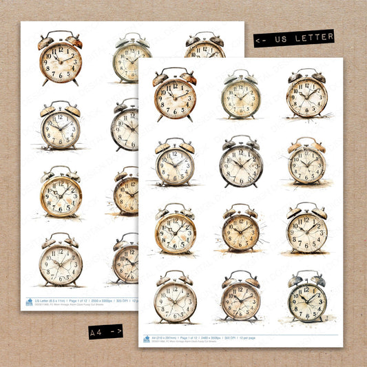 A4 and US Letter format comparison showing Worn Vintage Alarm Clock fussy cut pages for print and cut crafting