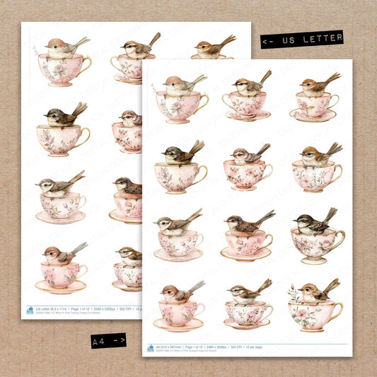 A4 and US Letter format comparison showing Wren in Pink Teacup fussy cut pages for print and cut crafting