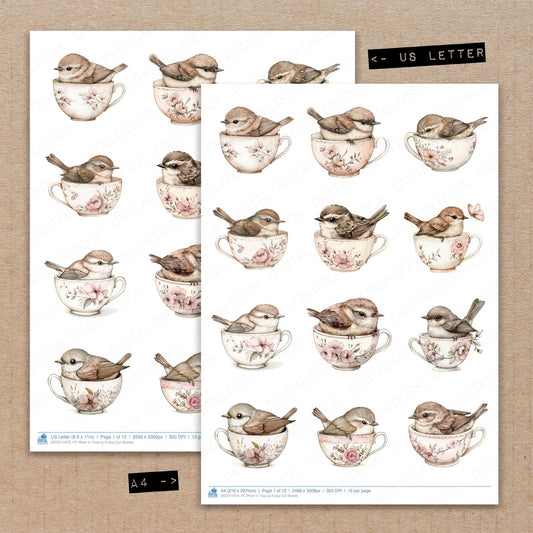 A4 and US Letter format comparison showing Wren in Teacup fussy cut pages for print and cut crafting