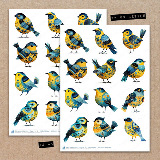 A4 and US Letter format comparison showing Yellow Folk Art Bird fussy cut pages for print and cut crafting