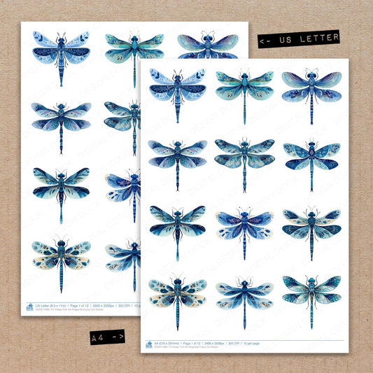 A4 and US Letter format comparison showing Indigo Folk Art Dragonfly fussy cut pages for print and cut crafting