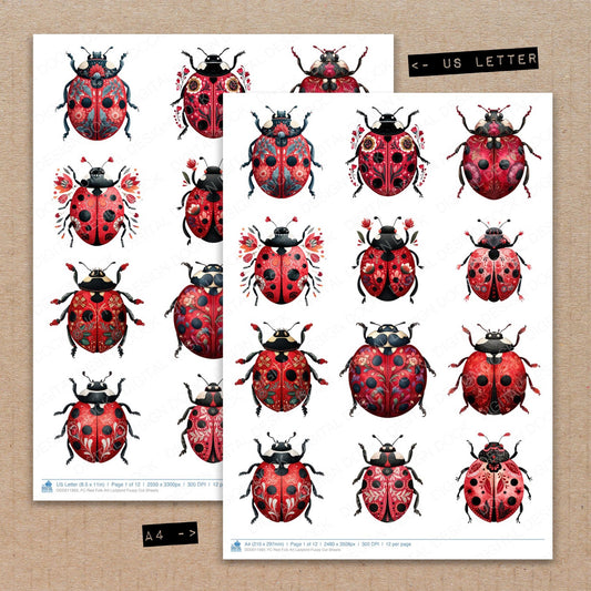 A4 and US Letter format comparison showing Red Folk Art Ladybird fussy cut pages for print and cut crafting