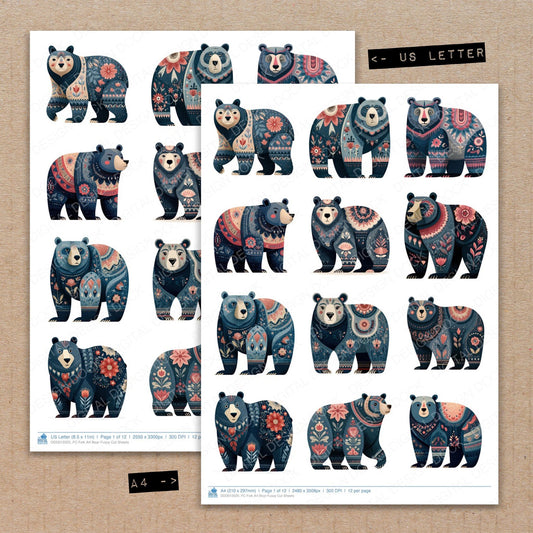 A4 and US Letter format comparison showing Folk Art Bear fussy cut pages for print and cut crafting