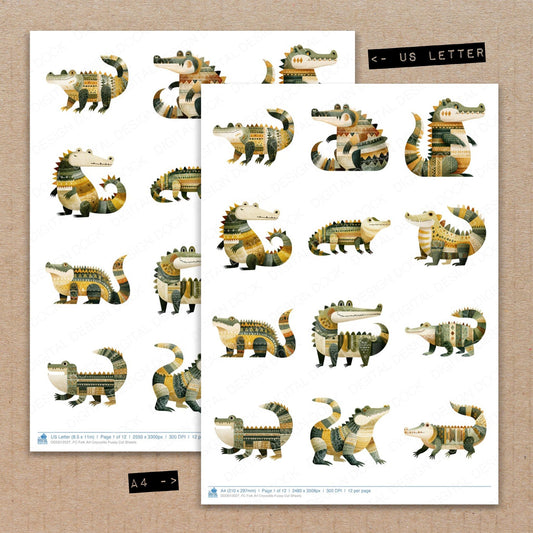 A4 and US Letter format comparison showing Folk Art Crocodile fussy cut pages for print and cut crafting