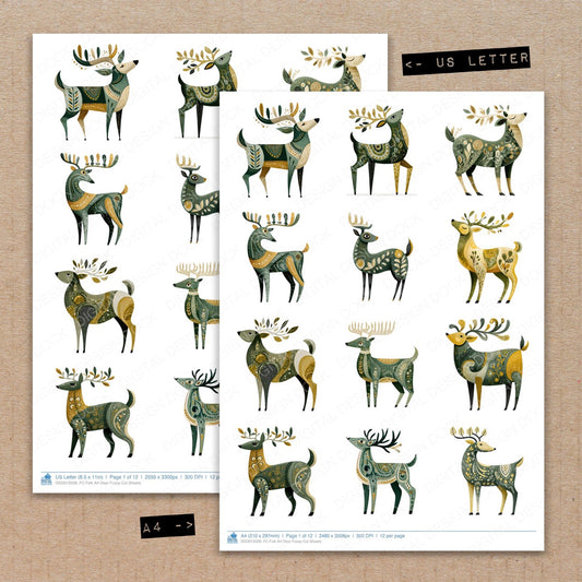 A4 and US Letter format comparison showing Folk Art Deer fussy cut pages for print and cut crafting