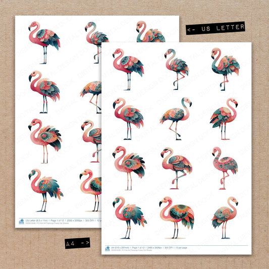 A4 and US Letter format comparison showing Folk Art Flamingo fussy cut pages for print and cut crafting