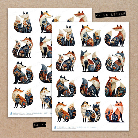 A4 and US Letter format comparison showing Folk Art Fox fussy cut pages for print and cut crafting