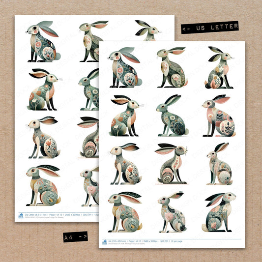 A4 and US Letter format comparison showing Folk Art Hare fussy cut pages for print and cut crafting