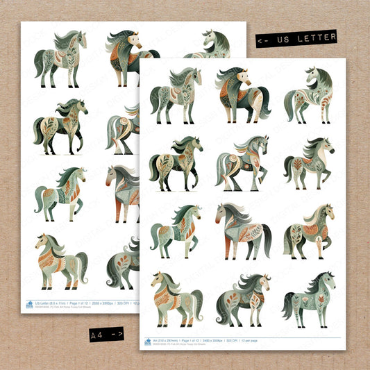 A4 and US Letter format comparison showing Folk Art Horse fussy cut pages for print and cut crafting
