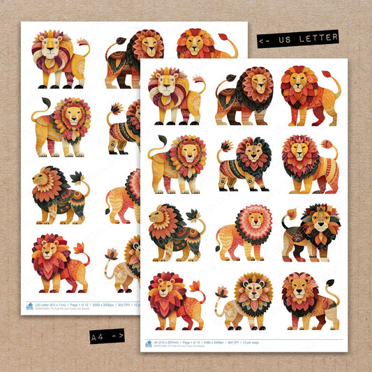 A4 and US Letter format comparison showing Folk Art Lion fussy cut pages for print and cut crafting