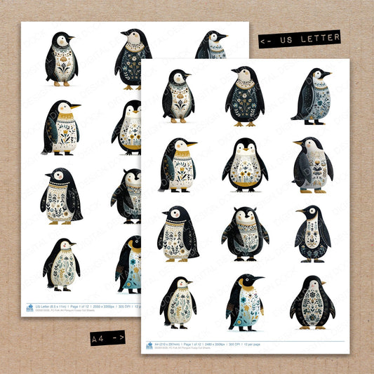 A4 and US Letter format comparison showing Folk Art Penguin fussy cut pages for print and cut crafting