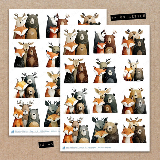 A4 and US Letter format comparison showing Woodland Animal Friends fussy cut pages for print and cut crafting