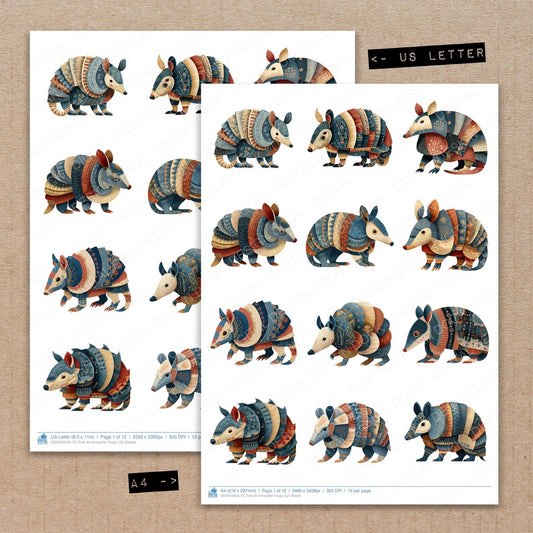 A4 and US Letter format comparison showing Folk Art Armadillo fussy cut pages for print and cut crafting