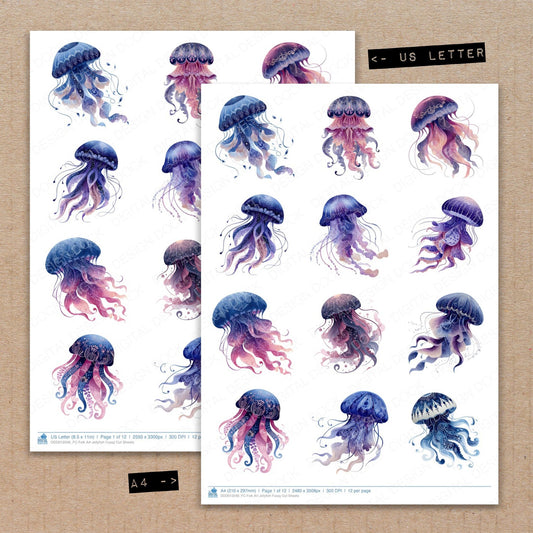 A4 and US Letter format comparison showing Folk Art Jellyfish fussy cut pages for print and cut crafting
