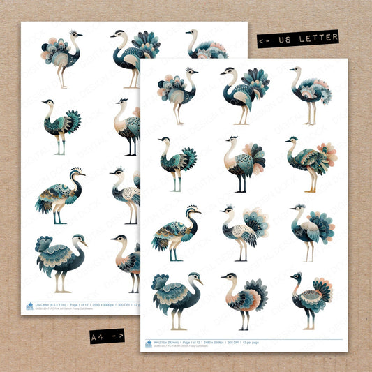 A4 and US Letter format comparison showing Folk Art Ostrich fussy cut pages for print and cut crafting