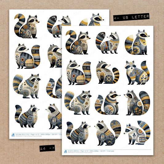 A4 and US Letter format comparison showing Folk Art Raccoon fussy cut pages for print and cut crafting