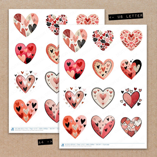 A4 and US Letter format comparison showing Minimal Folk Love Heart fussy cut pages for print and cut crafting