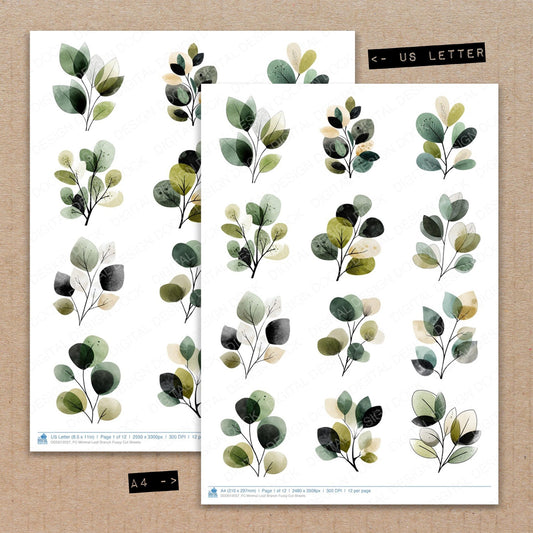 A4 and US Letter format comparison showing Minimal Leaf Branch fussy cut pages for print and cut crafting