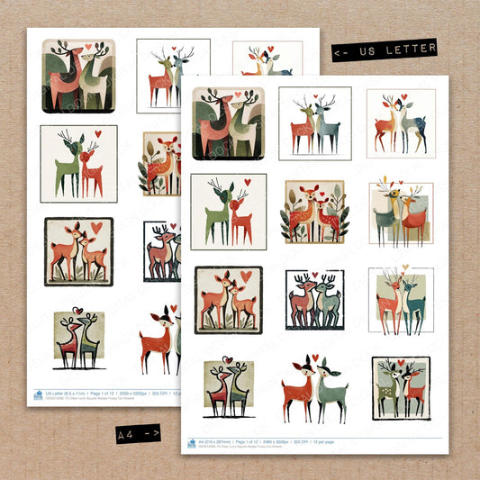 A4 and US Letter format comparison showing Deer Love Square Badge fussy cut pages for print and cut crafting