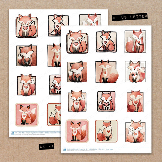 A4 and US Letter format comparison showing Fox Love Square Badge fussy cut pages for print and cut crafting