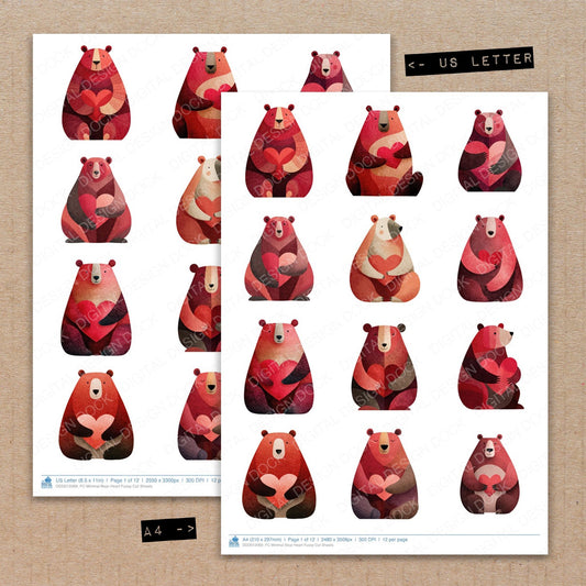 A4 and US Letter format comparison showing Minimal Bear Heart fussy cut pages for print and cut crafting