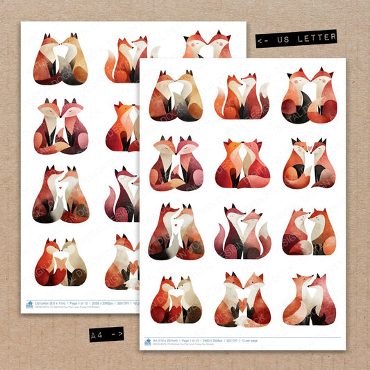 A4 and US Letter format comparison showing Minimal Fox Pair Love fussy cut pages for print and cut crafting