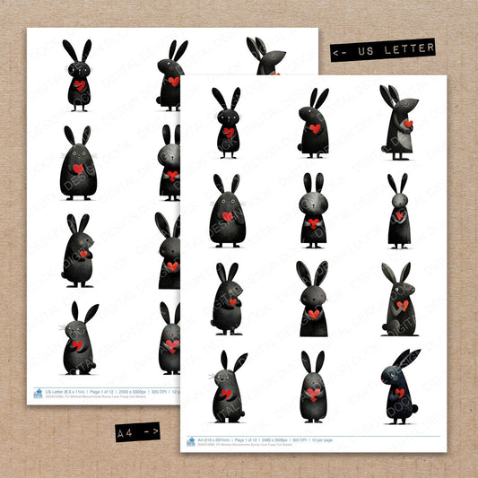 A4 and US Letter format comparison showing Minimal Monochrome Bunny Love fussy cut pages for print and cut crafting