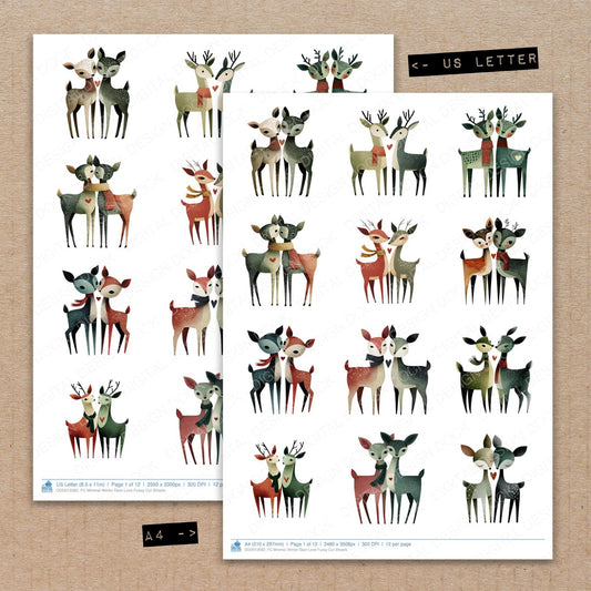 A4 and US Letter format comparison showing Minimal Winter Deer Love fussy cut pages for print and cut crafting