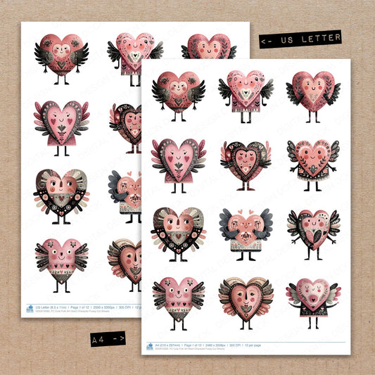 A4 and US Letter format comparison showing Cute Folk Art Heart Character fussy cut pages for print and cut crafting