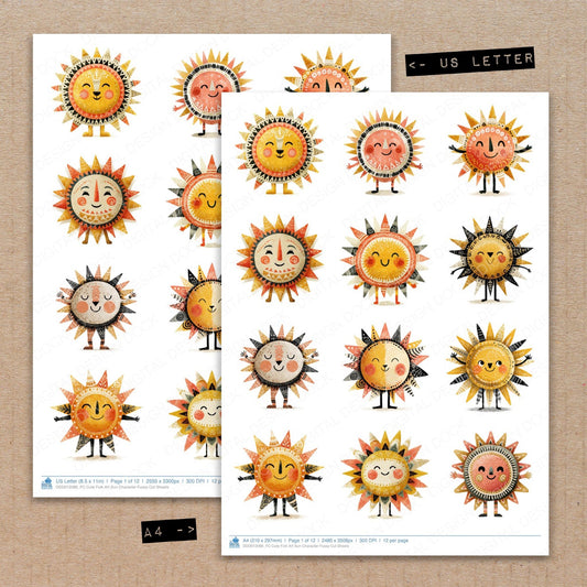 A4 and US Letter format comparison showing Cute Folk Art Sun Character fussy cut pages for print and cut crafting