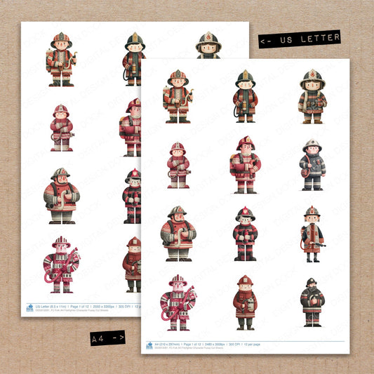 A4 and US Letter format comparison showing Folk Art Firefighter Character fussy cut pages for print and cut crafting