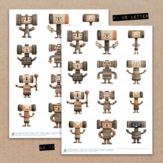 A4 and US Letter format comparison showing Folk Art Hammer Character fussy cut pages for print and cut crafting