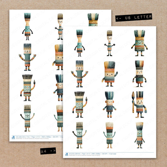 A4 and US Letter format comparison showing Folk Art Paintbrush Character fussy cut pages for print and cut crafting