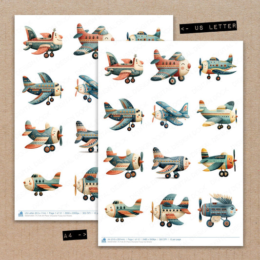 A4 and US Letter format comparison showing Folk Art Plane Character fussy cut pages for print and cut crafting