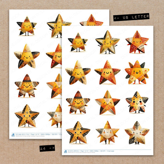 A4 and US Letter format comparison showing Folk Art Star Character fussy cut pages for print and cut crafting
