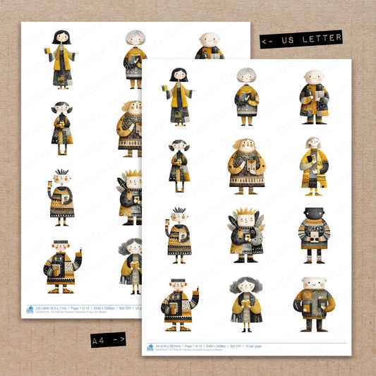 A4 and US Letter format comparison showing Folk Art Teacher Character fussy cut pages for print and cut crafting