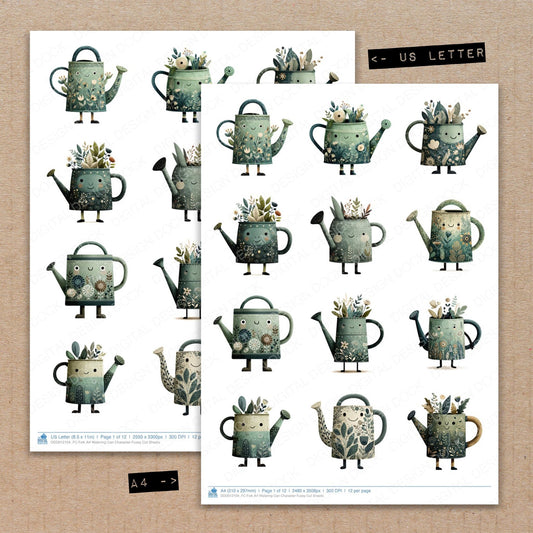 A4 and US Letter format comparison showing Folk Art Watering Can Character fussy cut pages for print and cut crafting