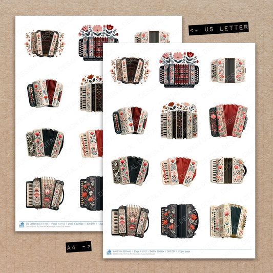 A4 and US Letter format comparison showing Folk Art Accordion fussy cut pages for print and cut crafting