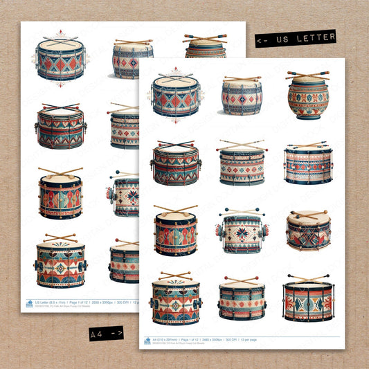 A4 and US Letter format comparison showing Folk Art Drum fussy cut pages for print and cut crafting