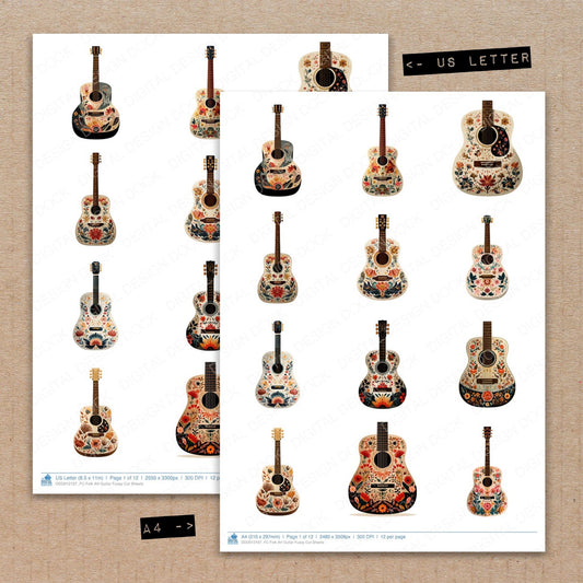 A4 and US Letter format comparison showing Folk Art Guitar fussy cut pages for print and cut crafting